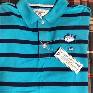 Southern tide blue striped polo shirt.